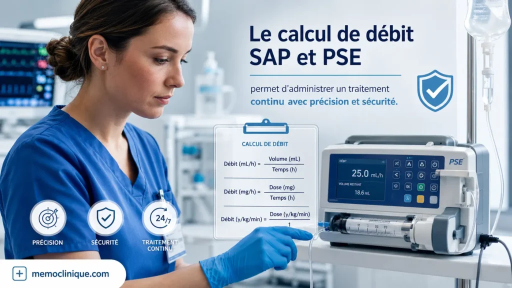 calcul de débit SAP et PSE avec pousse-seringue électrique et seringue préparée