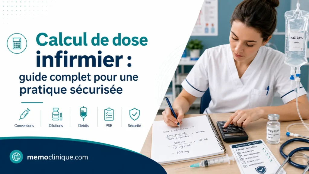 calcul de dose infirmier avec seringue, perfusion et fiche de révision IFSI