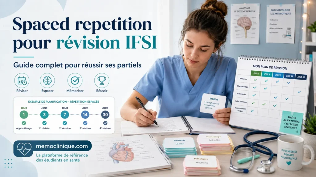 spaced repetition pour révision IFSI avec flashcards, planning et étudiant infirmier
